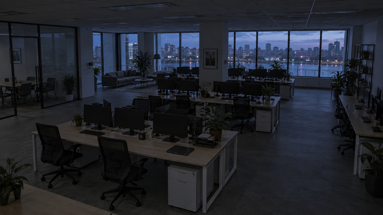 Security camera view of an empty workspace with its lights off