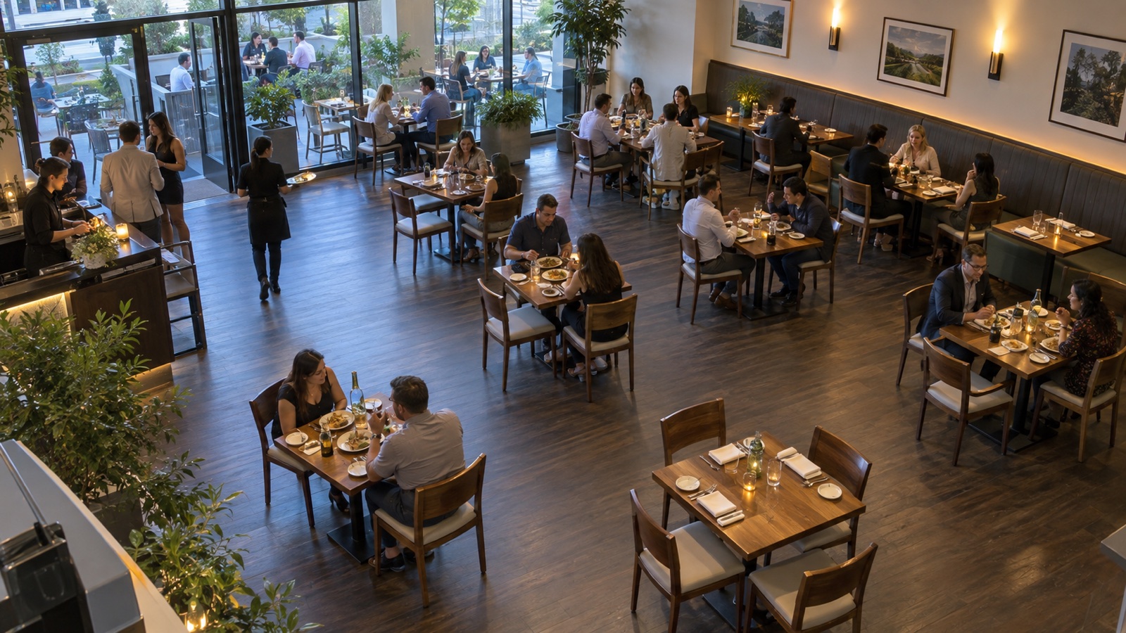 Security camera view of an occupied restaurant dining room