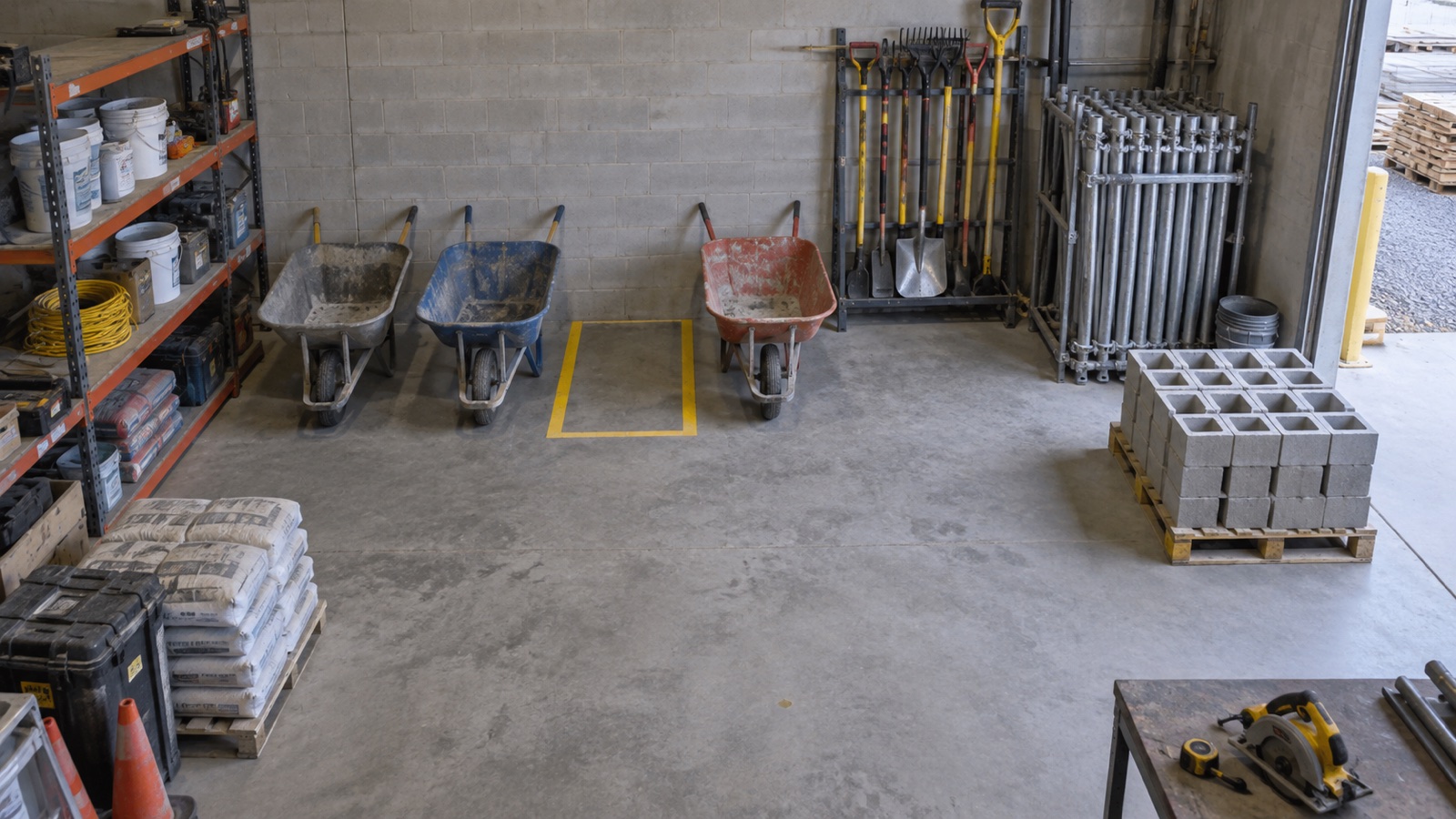 Security camera view of construction materials with an empty inventory position