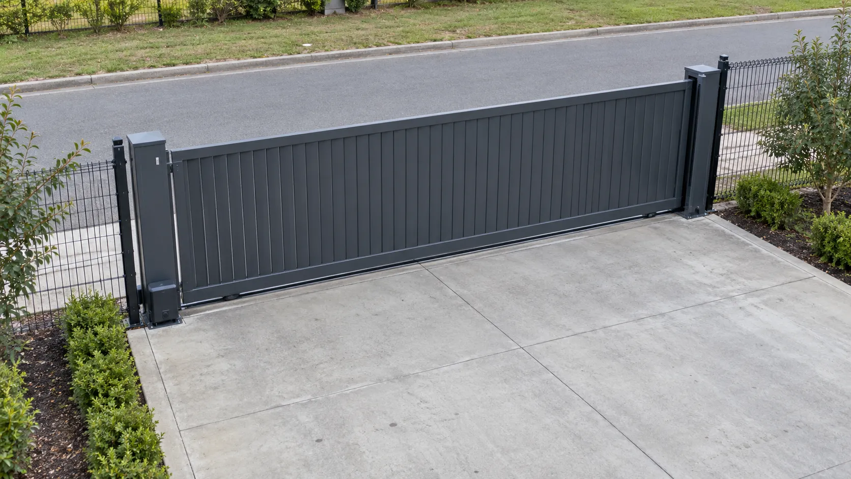 AI-generated example of a closed sliding driveway gate viewed from a security camera