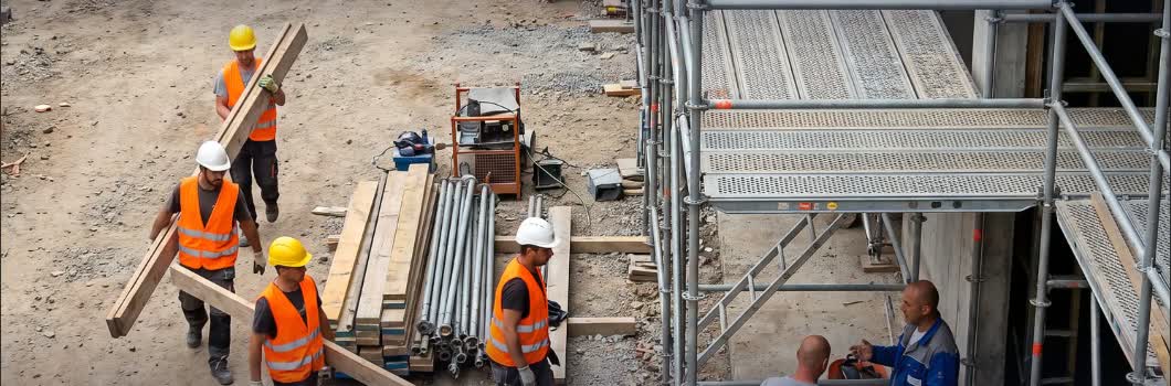 Workers and materials beside a scaffold, taken from the supplied demo video.