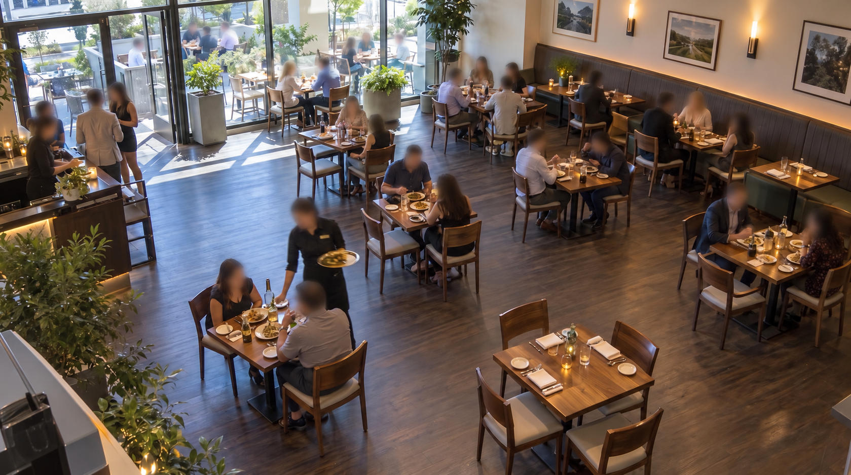 Illustrative dining room camera view with faces blurred