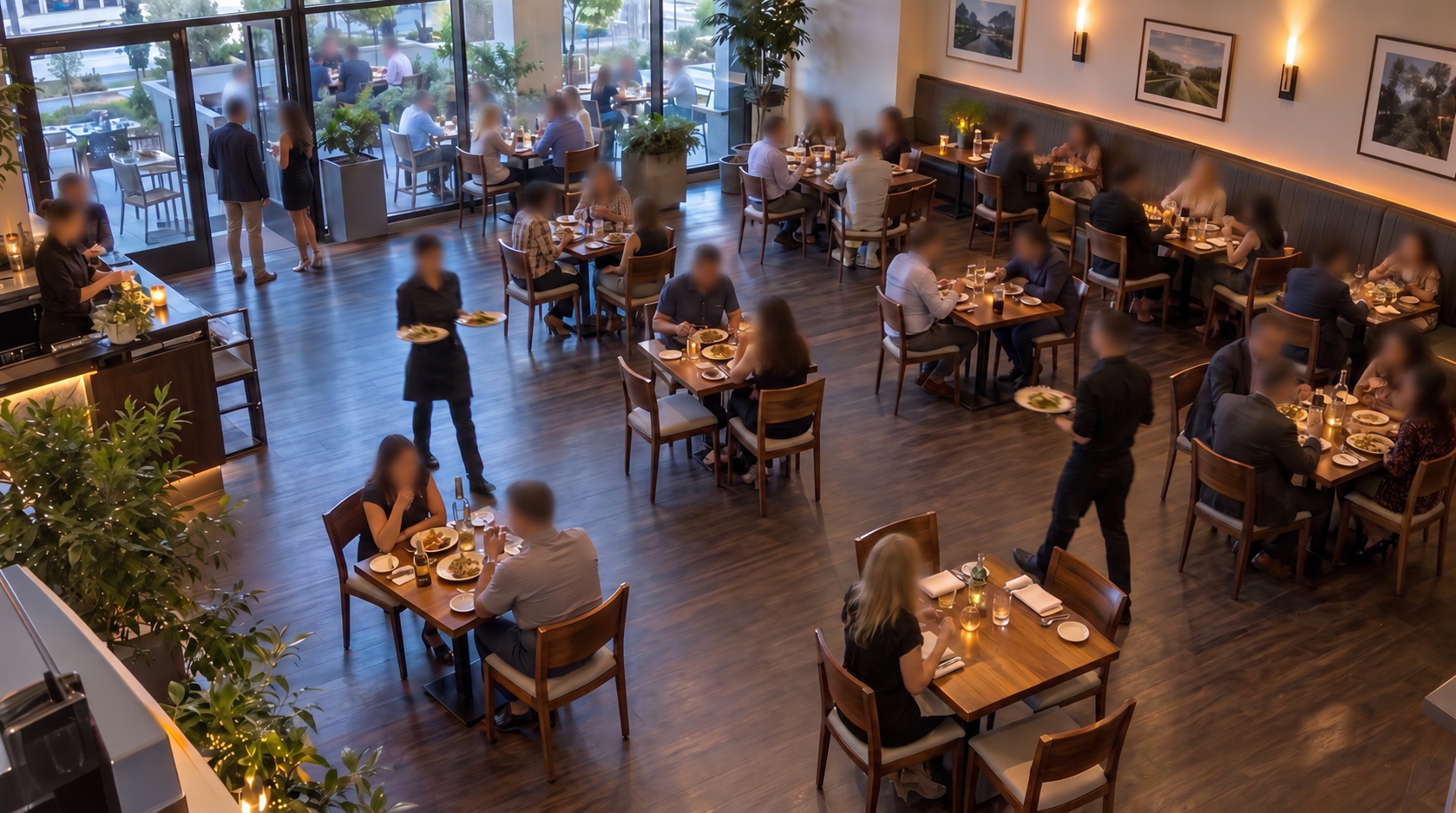 Illustrative restaurant camera view with faces blurred