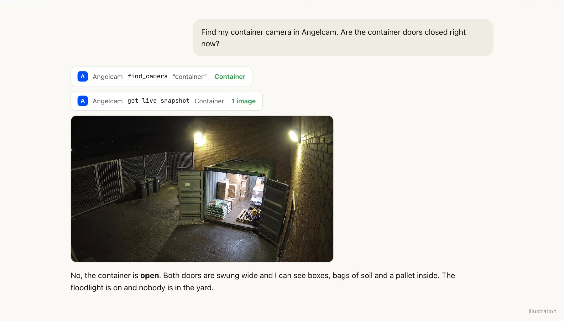 A Claude chat: Claude finds the Container camera, takes a live snapshot and answers that the container is open, with both doors swung wide and the stock visible.