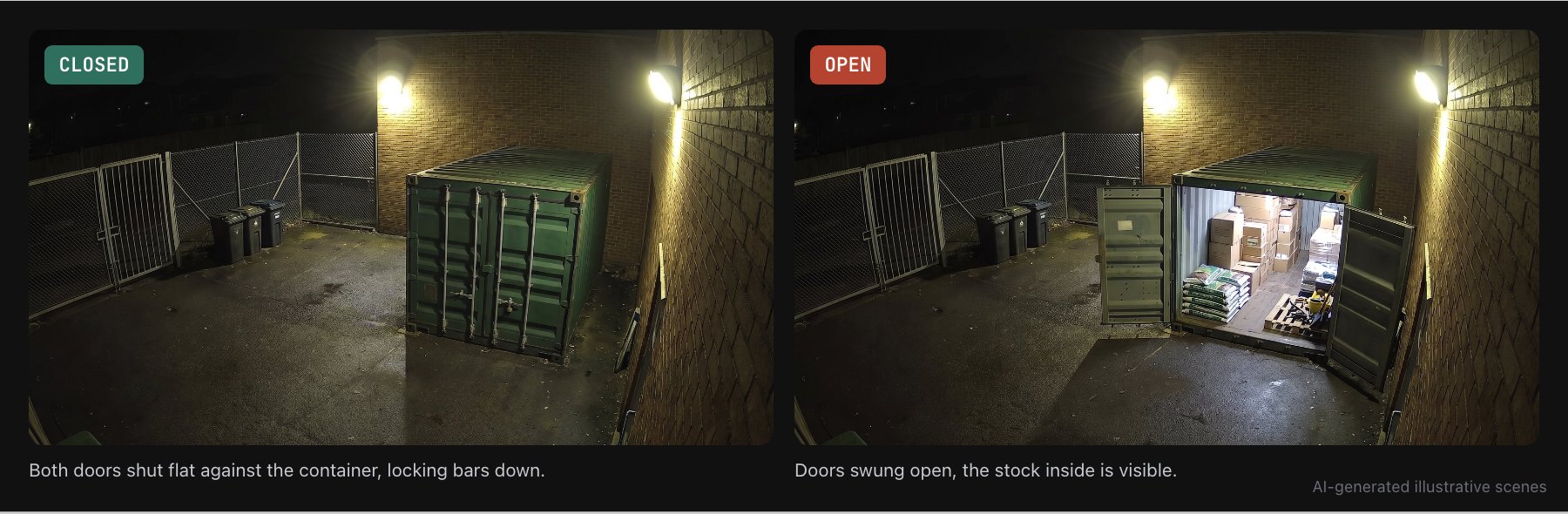 Two night views of the same container: closed, with both doors shut, and open, with the doors swung wide and the stock visible.
