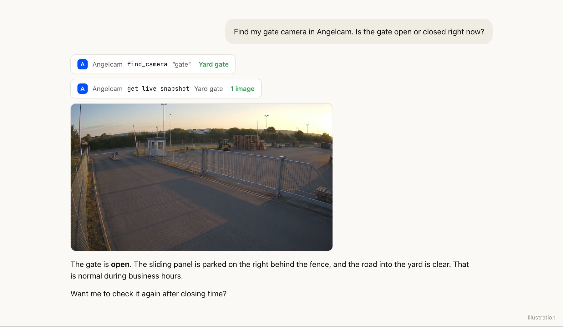 Claude finds the gate camera and describes the live snapshot