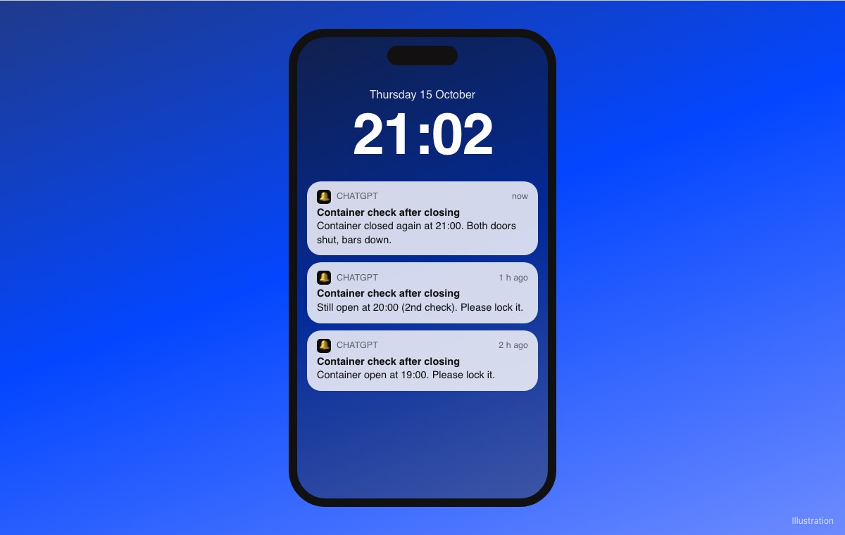 A phone lock screen with three ChatGPT notifications from the task Container check after closing: open at 19:00, still open at 20:00, and closed again at 21:00.