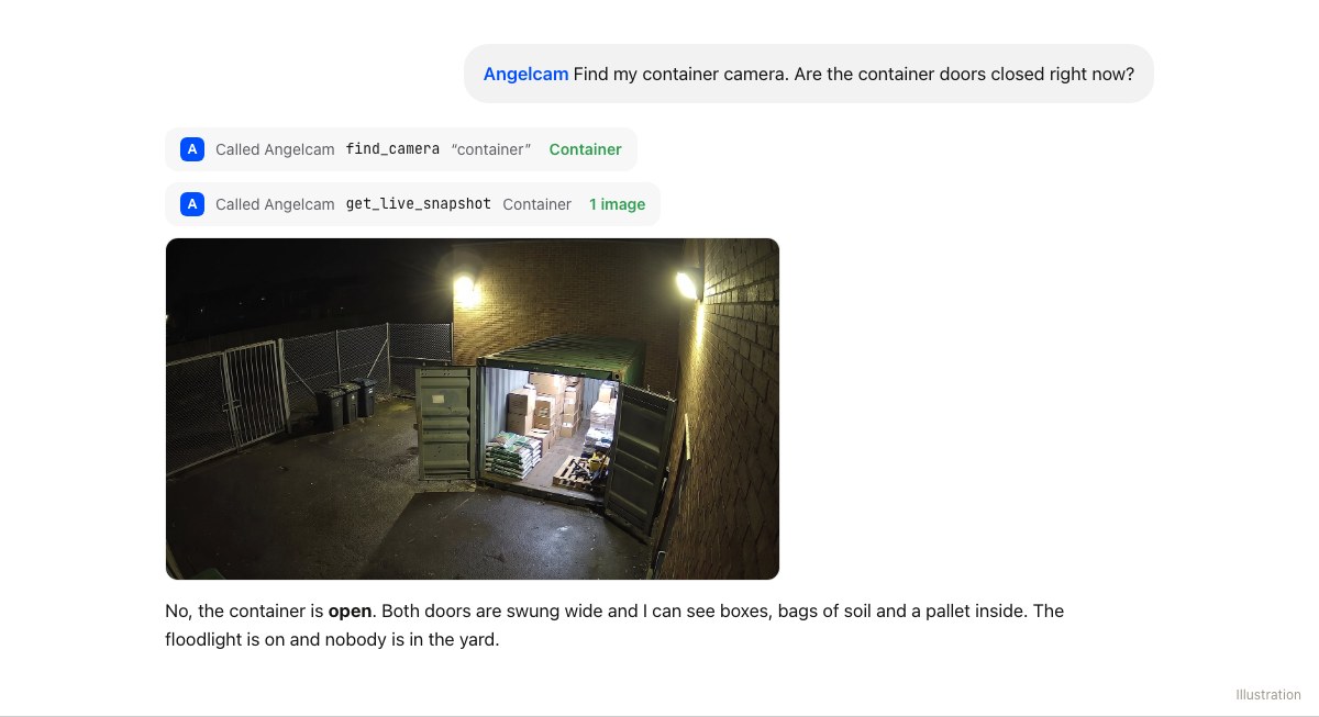 A ChatGPT chat: ChatGPT calls Angelcam to find the Container camera and take a live snapshot, then answers that the container is open, with both doors swung wide and the stock visible.