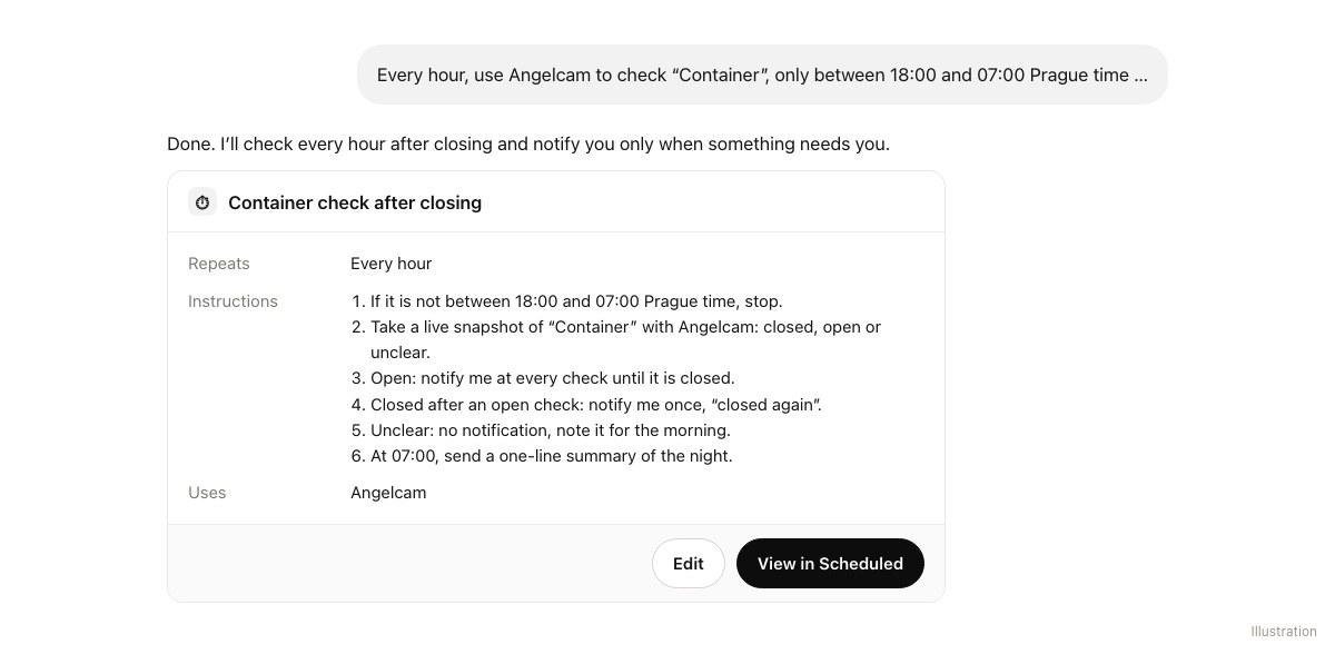 ChatGPT confirms a scheduled task named Container check after closing: repeats every hour, six instructions, uses Angelcam.