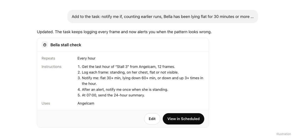 ChatGPT confirms the updated task Bella stall check: every hour, five instructions including the three alert rules and a 07:00 summary, uses Angelcam.