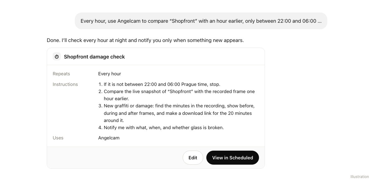 ChatGPT confirms a scheduled task named Shopfront damage check: every hour, four instructions, uses Angelcam.