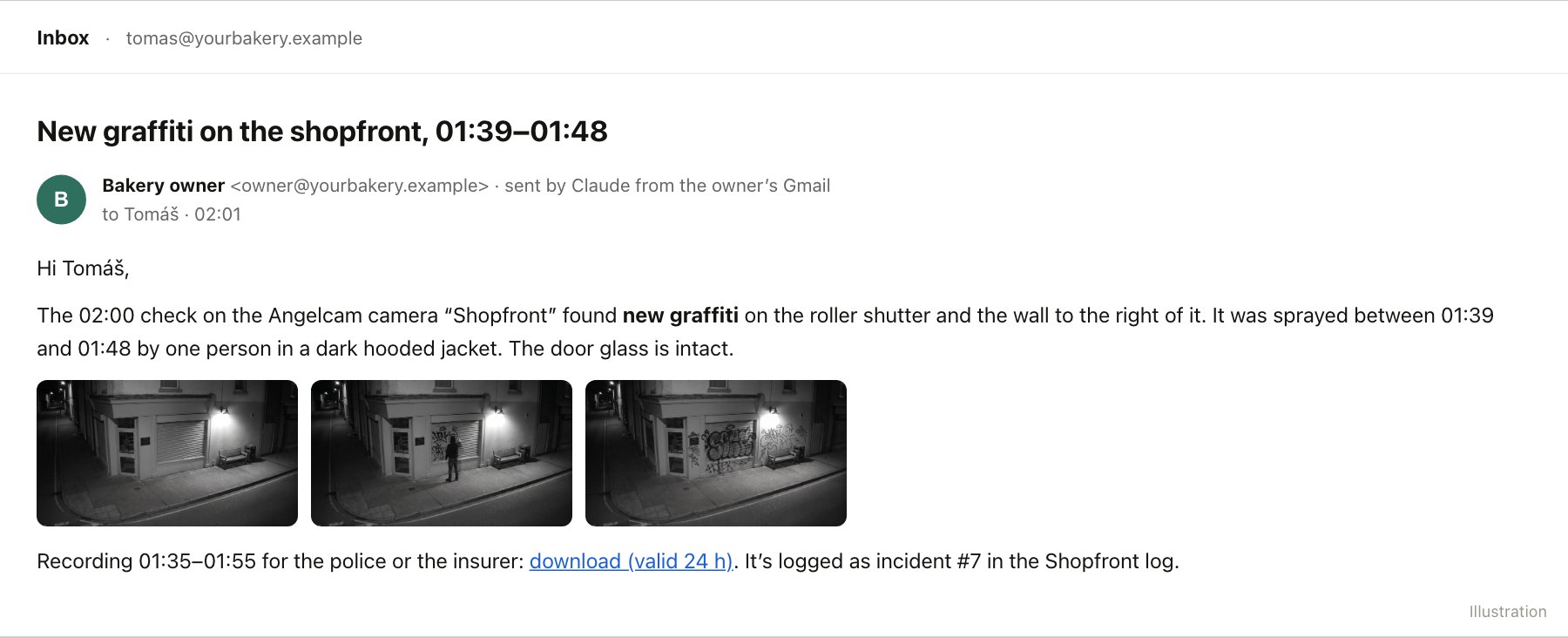An email to Tomáš sent by Claude from the bakery owner's Gmail at 02:01: new graffiti on the roller shutter and the wall, sprayed between 01:39 and 01:48 by one person in a dark hooded jacket, door glass intact, with before, during and after frames, a download link for 01:35 to 01:55 and incident number 7 in the log.