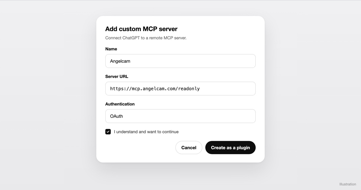 An Add custom MCP server dialog in ChatGPT with the name Angelcam, the server URL https://mcp.angelcam.com/readonly, OAuth authentication and an “I understand and want to continue” checkbox.
