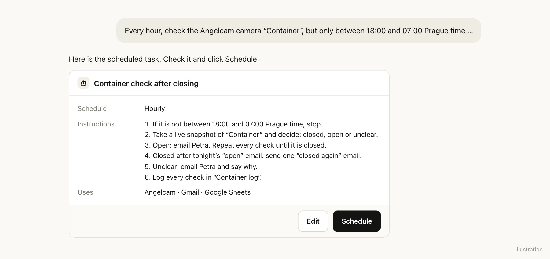 Claude proposes a scheduled task named Container check after closing: hourly, with five steps, using Angelcam and Gmail, and a Schedule button.