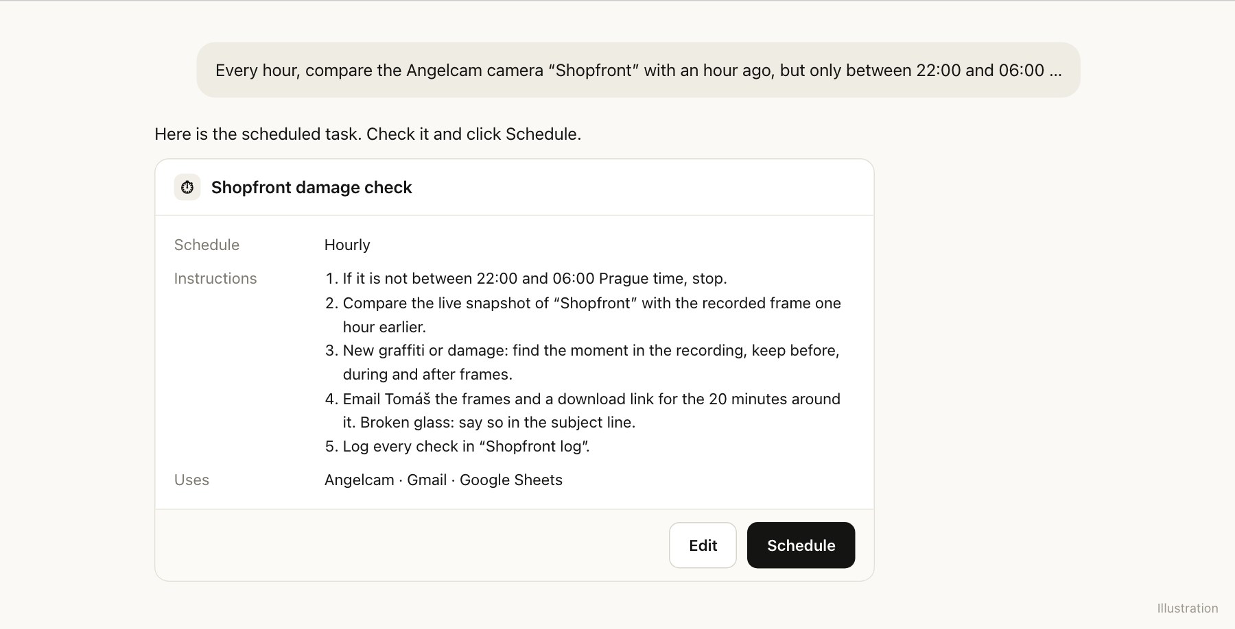 Claude proposes a scheduled task named Shopfront damage check: hourly, five steps starting with a 22:00 to 06:00 time check, using Angelcam, Gmail and Google Sheets, with a Schedule button.