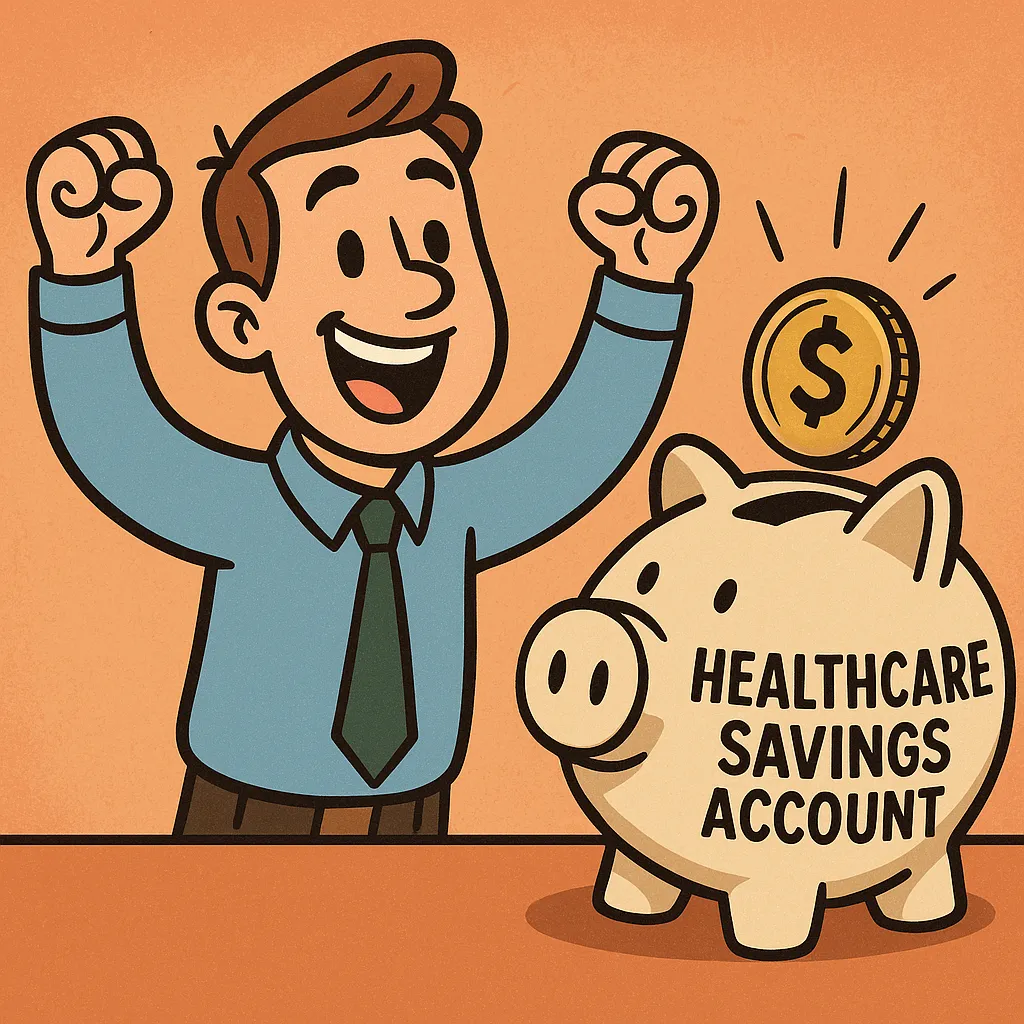 A cartoon of a man excitedly saving into an HSA
