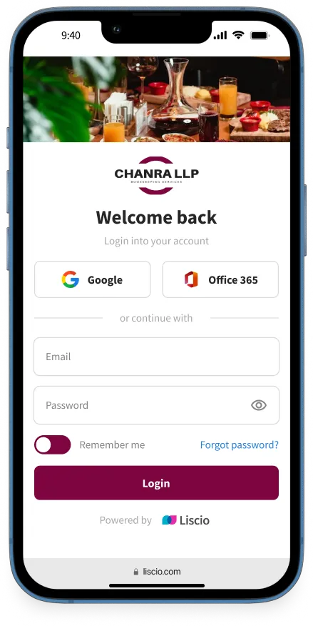 Mobile app view of a custom-branded client portal login page with custom maroon colors and an image of a restaurant.