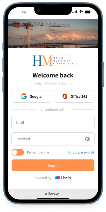 Mobile app view of a custom-branded client portal login page with custom orange colors and an image of a construction company.