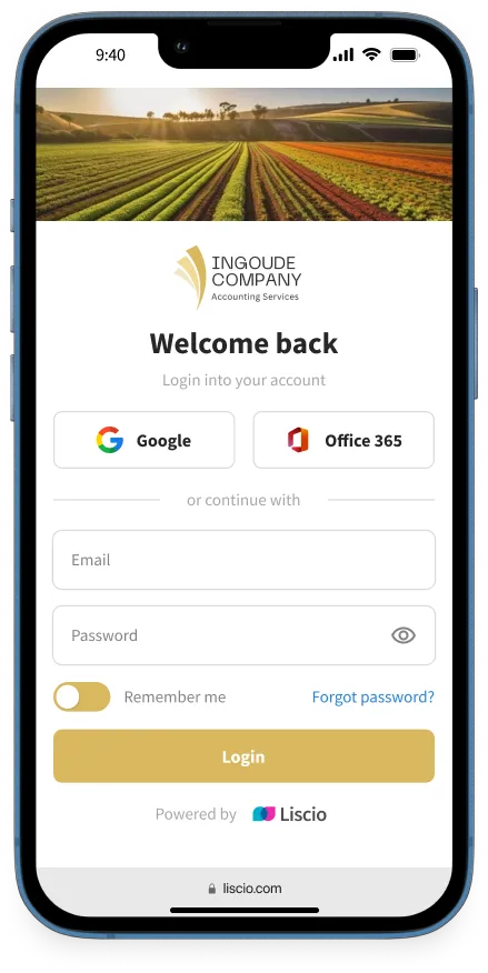 Mobile app view of a custom-branded client portal login page with custom yellow colors and an image of a farm.