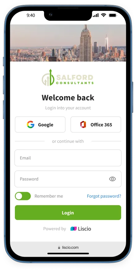 Mobile app view of a custom-branded client portal login page with custom green colors and an image of a large city.