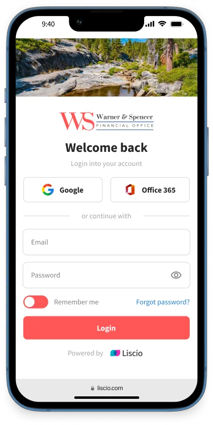 Mobile app view of a custom-branded client portal login page with custom red colors and an image of regional mountain theme.