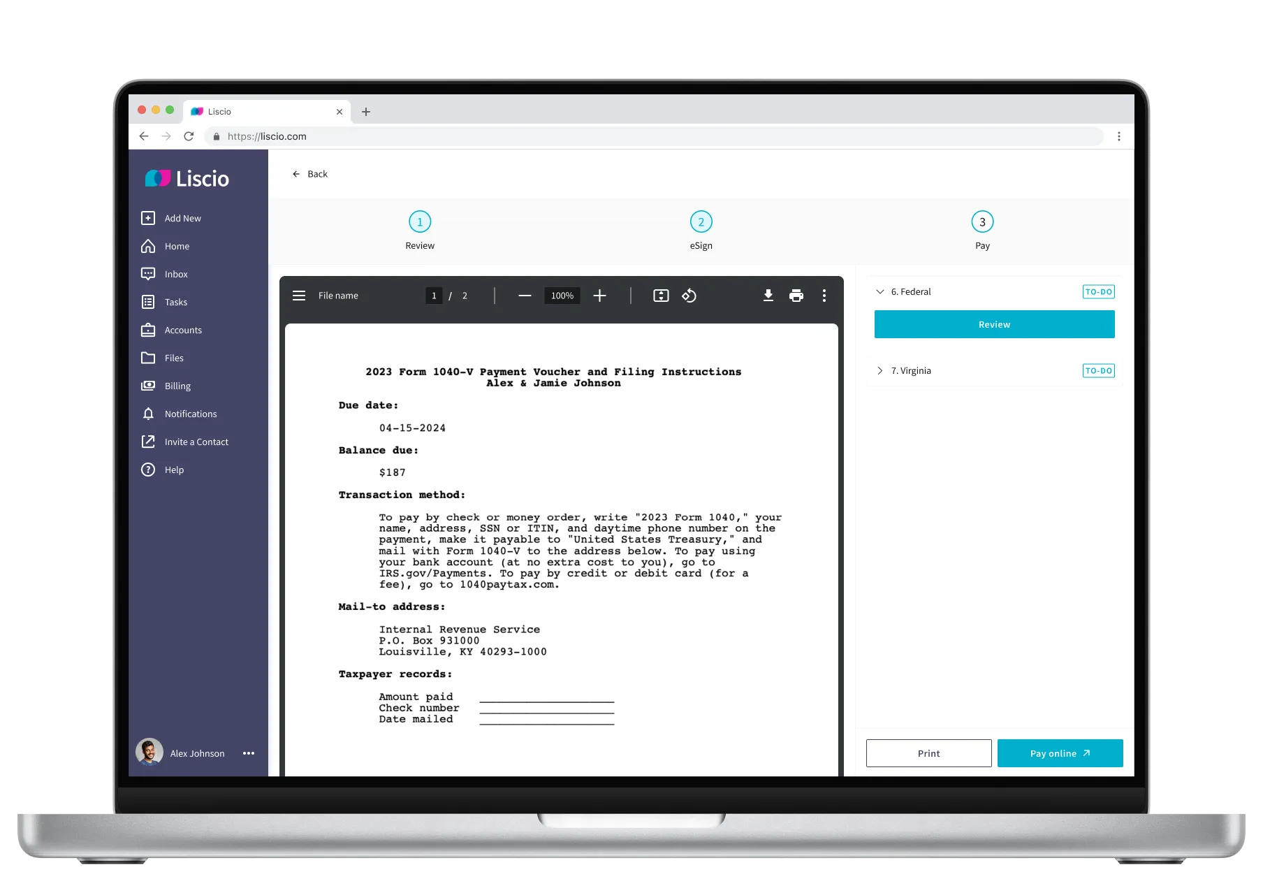 Liscio automated tax delivery feature showing client payments