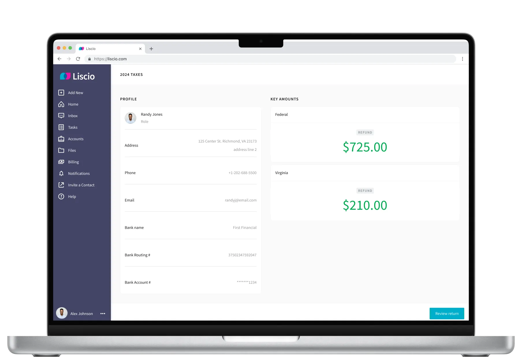 Liscio's automated tax delivery feature showing estimated tax payment messages.