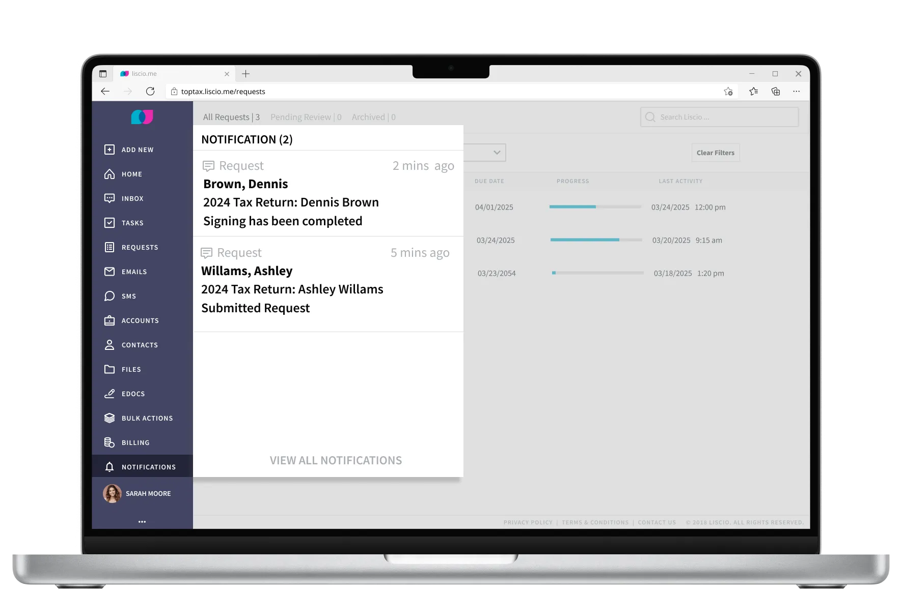 Liscio automated tax delivery feature showing client payments