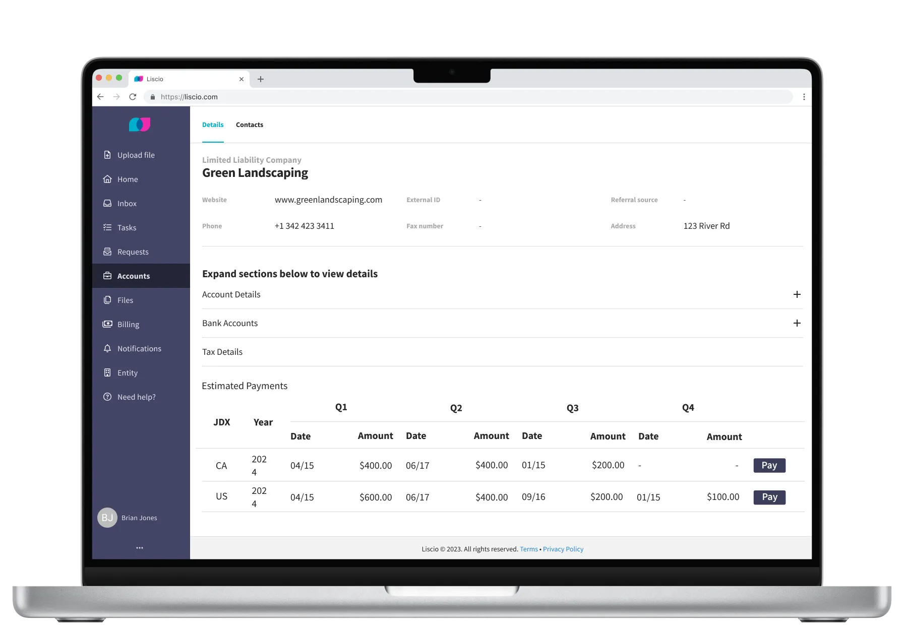Liscio's automated tax delivery feature showing estimated tax payment messages.