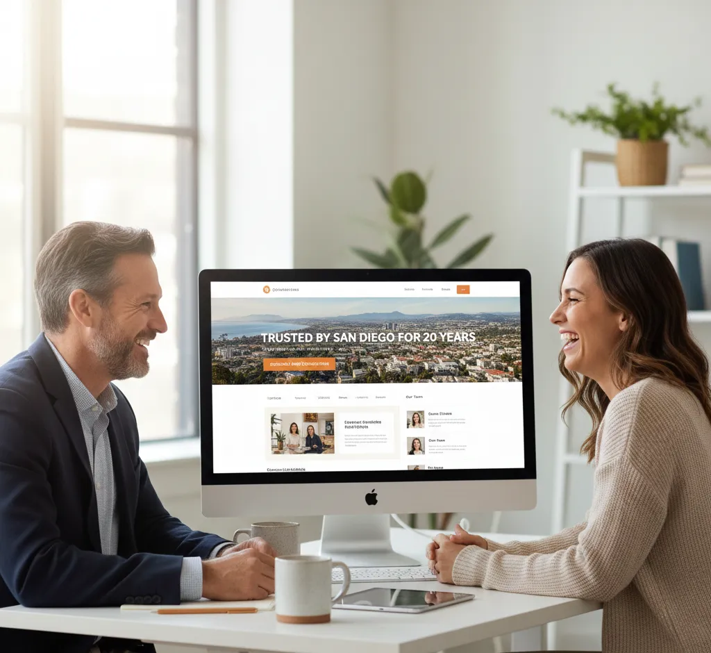 "Web designer and CPA collaborating while reviewing the accountant's custom website design on desktop computer in modern office setting