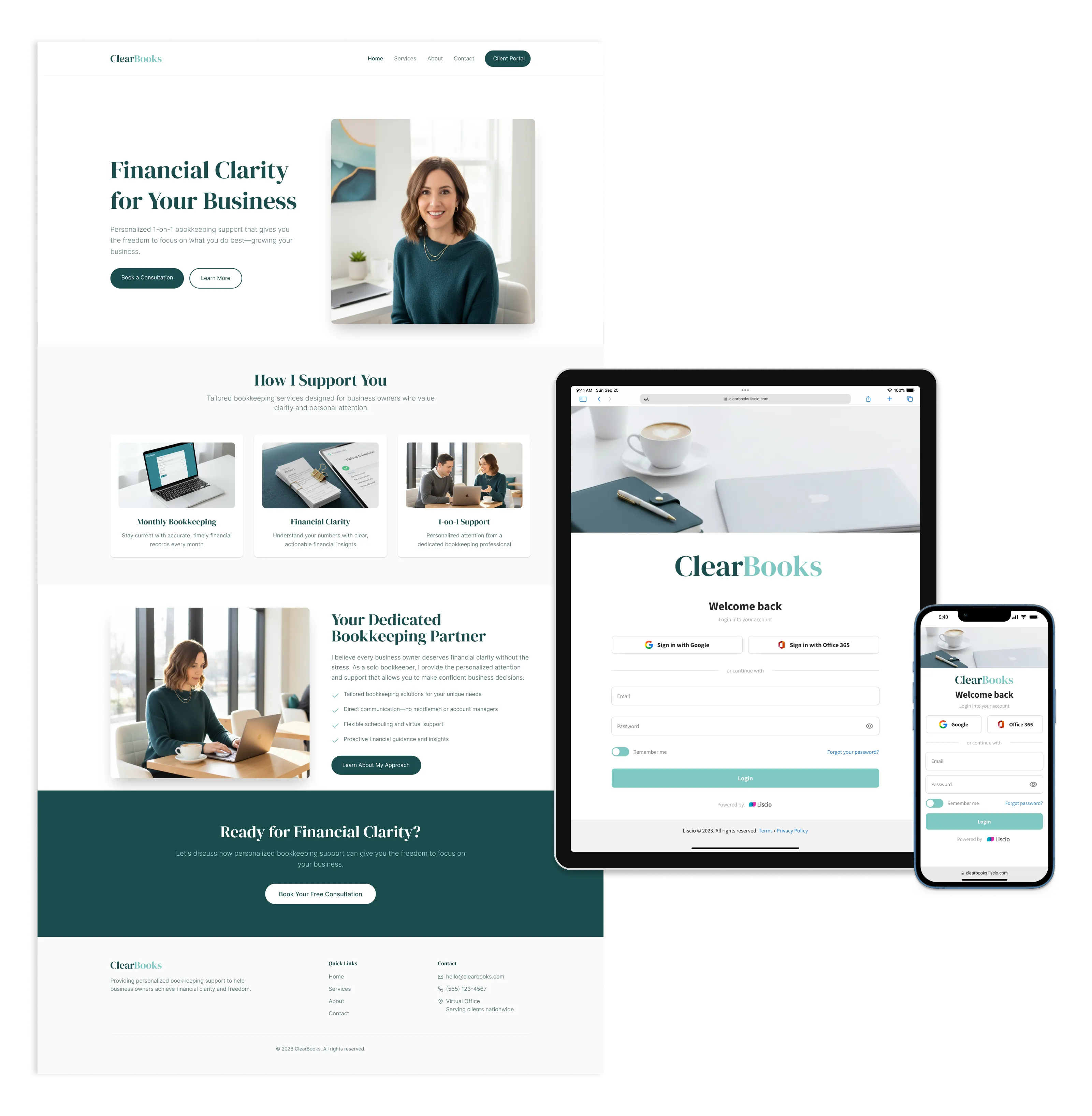 "Professional bookkeeping firm website mockup featuring 'Financial Clarity for Your Business' homepage on desktop, ClearBooks client portal login screen on iPad, and mobile-responsive design on smartphone