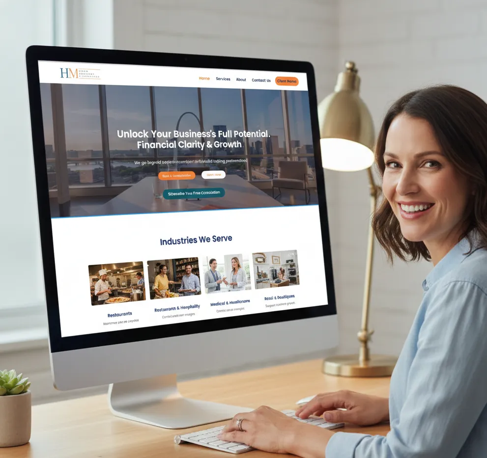 "Smiling female CPA working at desktop computer displaying HM Accounting website with 'Unlock Your Business's Full Potential - Financial Clarity & Growth' messaging and Industries We Serve section