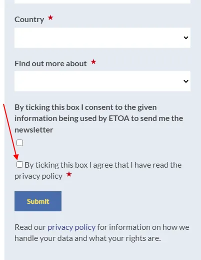 Form with privacy policy agreement checkbox and a submit button highlighted