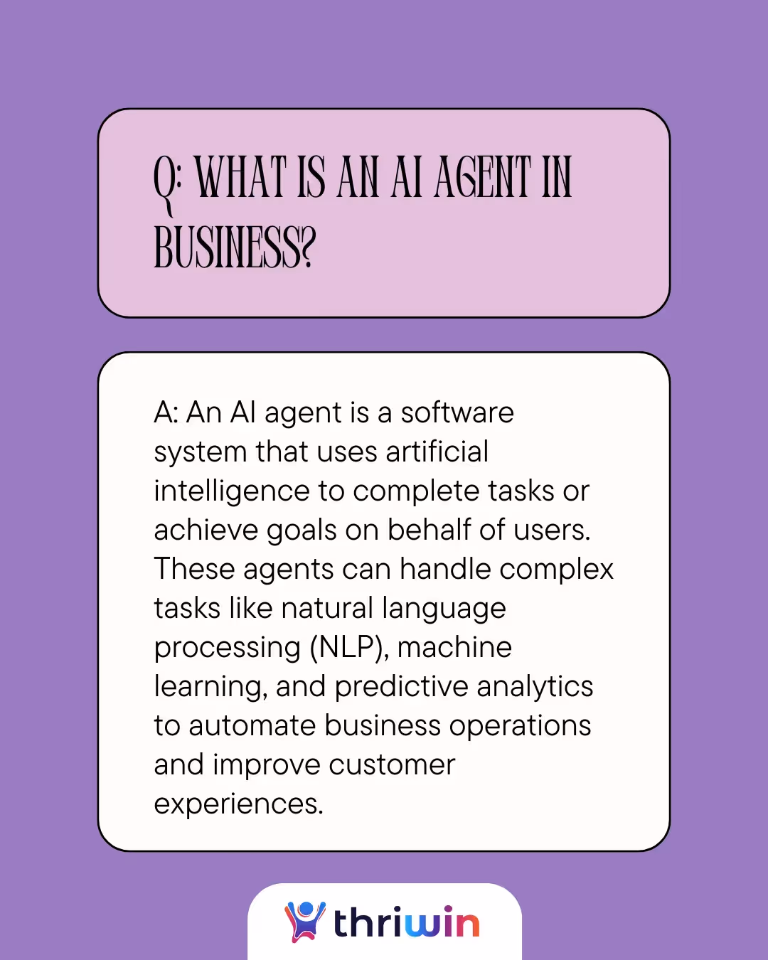 Infographic by Thriwin explaining what an AI agent is in business. It defines an AI agent as a software system that uses artificial intelligence to perform tasks like NLP, machine learning, and predictive analytics to automate operations and enhance customer experience.
