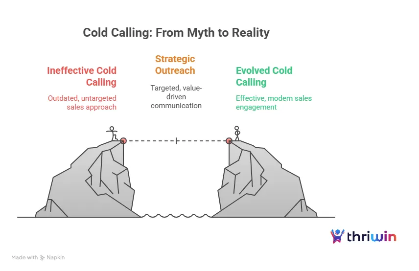 A horizontal diagram titled 'Cold Calling: From Myth to Reality' showing two mountain peaks separated by water. On the left peak stands a stick figure labeled 'Ineffective Cold Calling' with the description 'Outdated, untargeted sales approach' in red text. A dashed line connects this to a stick figure on the right peak. Above the dashed line is 'Strategic Outreach' in orange text, described as 'Targeted, value-driven communication.' On the right peak, the stick figure is labeled 'Evolved Cold Calling' with the description 'Effective, modern sales engagement' in green text. The Thriwin logo is in the bottom right corner.