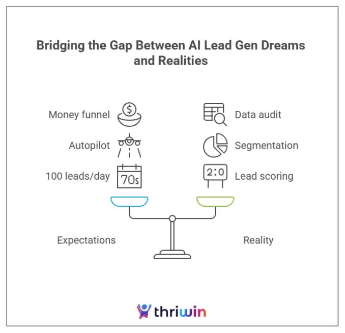 The moment you plug an AI tool into your CRM or email system, leads will start pouring in—high-quality, high-intent, no manual work needed.What’s Actually True:AI isn’t a magic tap. It’s a system that relies on accurate data, clear objectives, and consistent calibration. If your data is outdated, your ICP isn’t defined, or your outreach lacks clarity, even the most advanced AI models won’t help.AI improves lead generation by enhancing prioritisation, pattern detection, and prediction accuracy, not by replacing strategy or execution. Companies that take the time to prep their systems see far better ROI than those that expect overnight miracles.