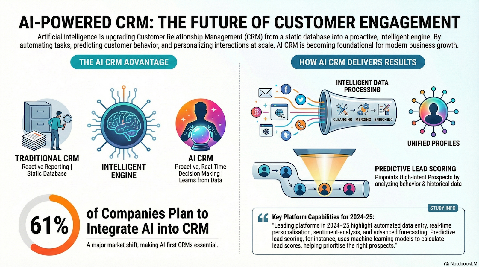A visual overview of the shift from Traditional to AI CRM, highlighting the advantages of AI and how it processes data to deliver predictive results.Key elements include:Title: AI-POWERED CRM: THE FUTURE OF CUSTOMER ENGAGEMENTCore Message: Artificial intelligence is upgrading Customer Relationship Management (CRM) from a static database into a proactive, intelligent engine, foundational for modern business growth.The AI CRM Advantage: Comparison showing the progression from Traditional CRM (Reactive Reporting | Static Database) to an Intelligent Engine to AI CRM (Proactive, Real-Time Decision Making | Learns from Data).How AI CRM Delivers Results: An illustration of a data pipeline where raw data (email, social media, web) undergoes Intelligent Data Processing (Cleaning, Merging, Enriching) to create Unified Profiles. This unified data then feeds into a funnel to enable Predictive Lead Scoring (Pinpoints High-Intent Prospects by analyzing behavior & historical data).Statistics/Market Shift: A large graphic showing 61% of Companies Plan to Integrate AI into CRM, indicating a major market shift.Key Capabilities: A quote box summarizing Key Platform Capabilities for 2024-25, including automated data entry, real-time personalization, sentiment-analysis, and predictive lead scoring using machine learning.A visual overview of the shift from Traditional to AI CRM, highlighting the advantages of AI and how it processes data to deliver predictive results.Key elements include:Title: AI-POWERED CRM: THE FUTURE OF CUSTOMER ENGAGEMENTCore Message: Artificial intelligence is upgrading Customer Relationship Management (CRM) from a static database into a proactive, intelligent engine, foundational for modern business growth.The AI CRM Advantage: Comparison showing the progression from Traditional CRM (Reactive Reporting | Static Database) to an Intelligent Engine to AI CRM (Proactive, Real-Time Decision Making | Learns from Data).How AI CRM Delivers Results: An illustration of a data pipeline where raw data (email, social media, web) undergoes Intelligent Data Processing (Cleaning, Merging, Enriching) to create Unified Profiles. This unified data then feeds into a funnel to enable Predictive Lead Scoring (Pinpoints High-Intent Prospects by analyzing behavior & historical data).Statistics/Market Shift: A large graphic showing 61% of Companies Plan to Integrate AI into CRM, indicating a major market shift.Key Capabilities: A quote box summarizing Key Platform Capabilities for 2024-25, including automated data entry, real-time personalization, sentiment-analysis, and predictive lead scoring using machine learning.