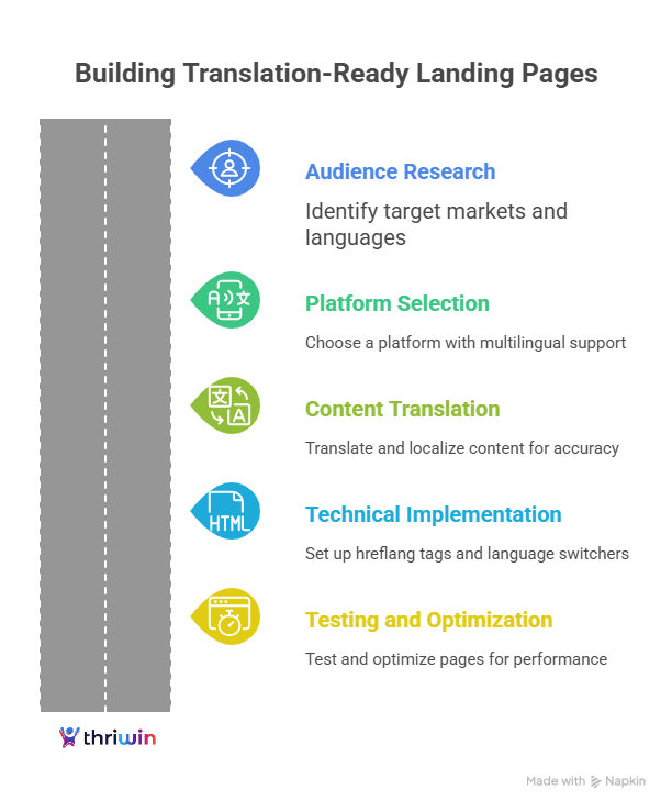 Infographic illustrating the step-by-step process for building translation-ready landing pages, including audience research, platform selection, content translation, technical implementation, and testing optimization.