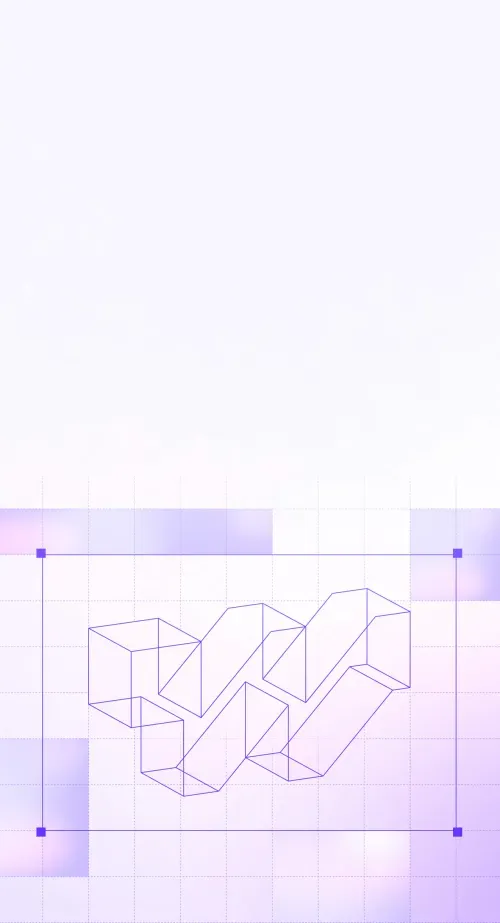 3 dimension wrapbook logo in front of a grid and surrounded by light violet gradient tiles