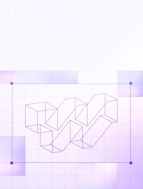 3 dimension wrapbook logo in front of a grid and surrounded by light violet gradient tiles