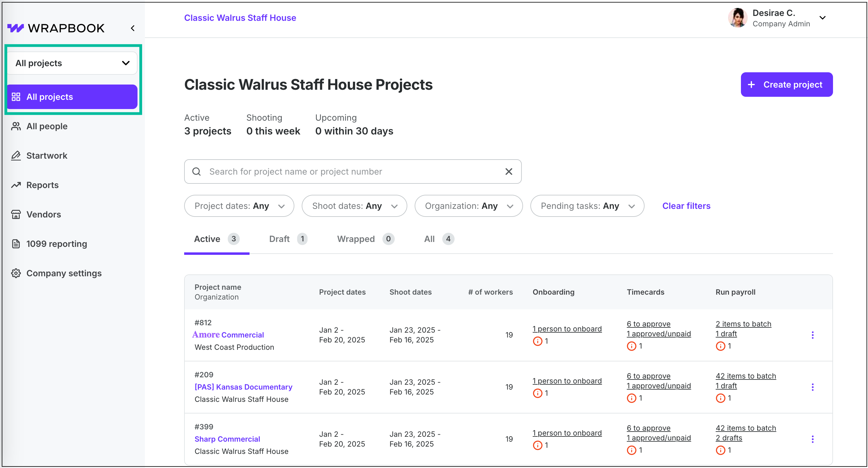 How to Run Film Payroll - Wrapbook - Dashboard