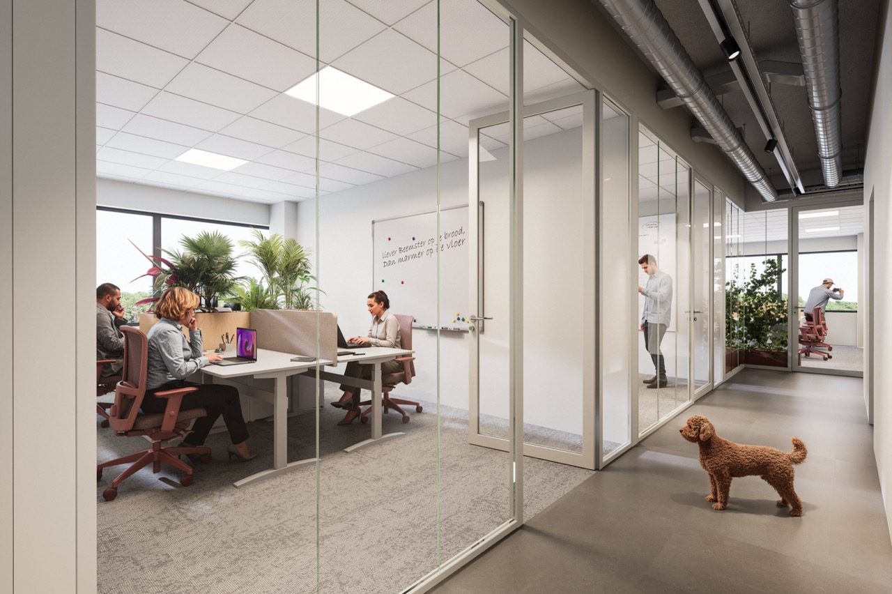 De binnentuin bij Campus Cees, de plek waar je tussen het werken door kan ontspannen, maar waar ook jouw weekend begint. Het groene buitengebied van kantorenpand Campus Cees in Zuid-Oost.