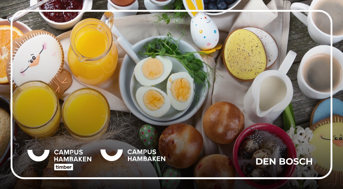 Paasontbijt bij Campus Hambaken in Den Bosch met eieren, broodjes en verse jus.