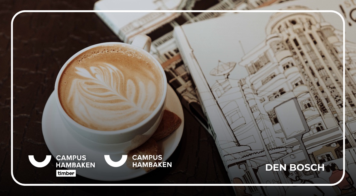 Koffiemoment bij Campus Hambaken in Den Bosch met cappuccino en stedelijke illustraties.