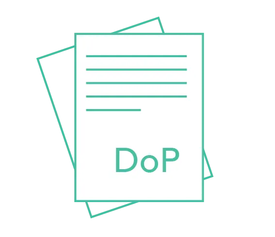 Symbol von zwei Dokumentseiten, die übereinander liegen, mit dem Text 'DoP' auf der Vorderseite.