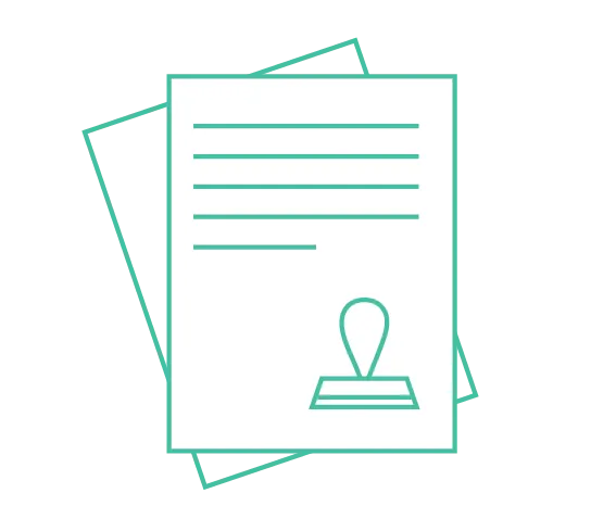 Symbol eines Dokuments mit Textzeilen und einem Stempel unten rechts.