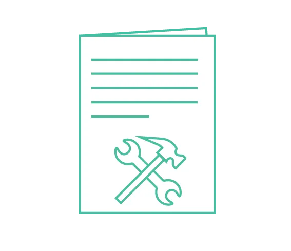 Symbol einer Anleitung mit Linien als Text und einem gekreuzten Schraubenschlüssel und Hammer darunter.