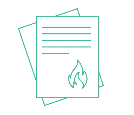 Stilisierte Zeichnung von zwei übereinanderliegenden Dokumenten mit Textzeilen und einem Flammensymbol unten rechts.