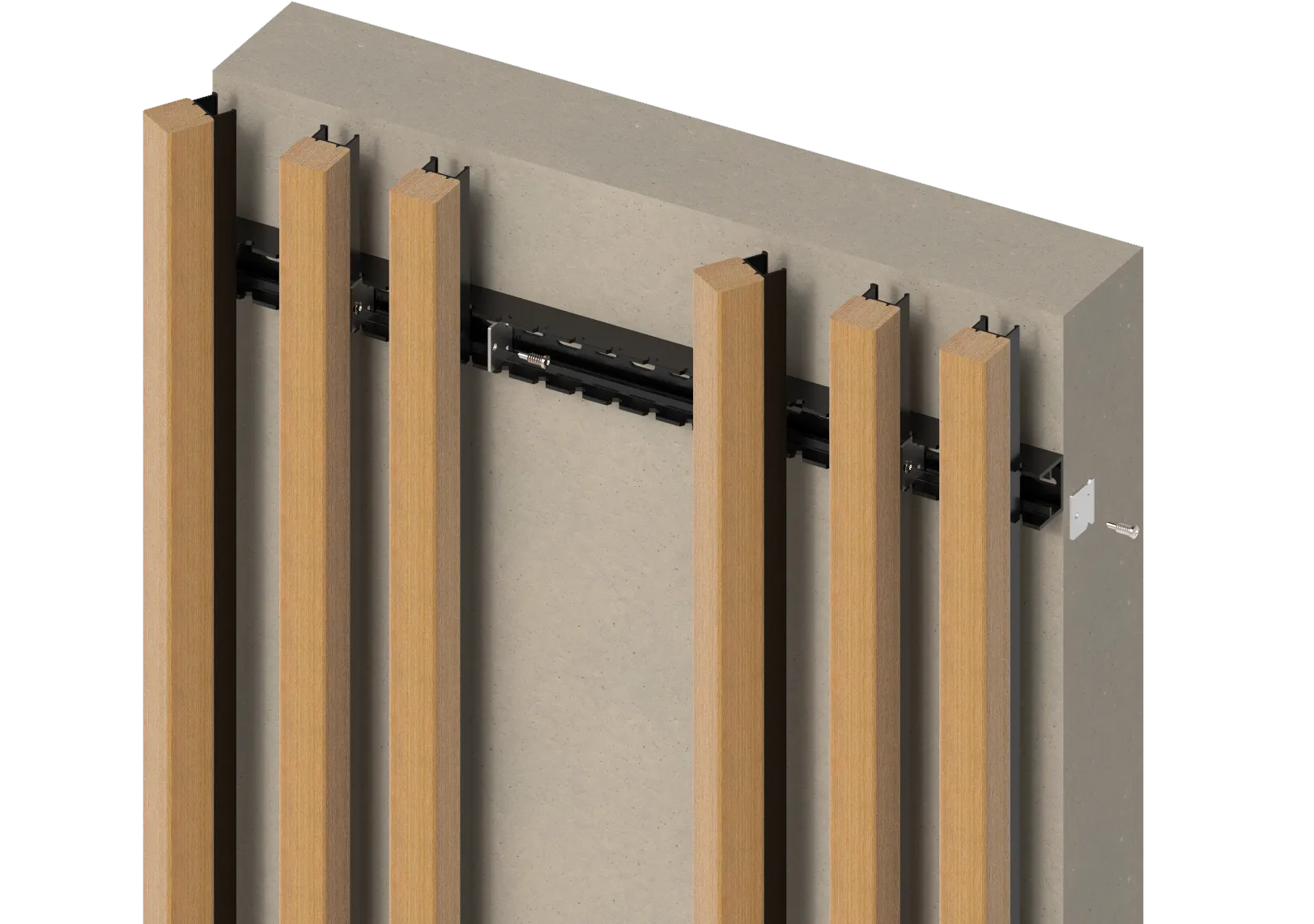 Monteringssystem med lodrette træpaneler fastgjort på en væg med sort metalbeslag.