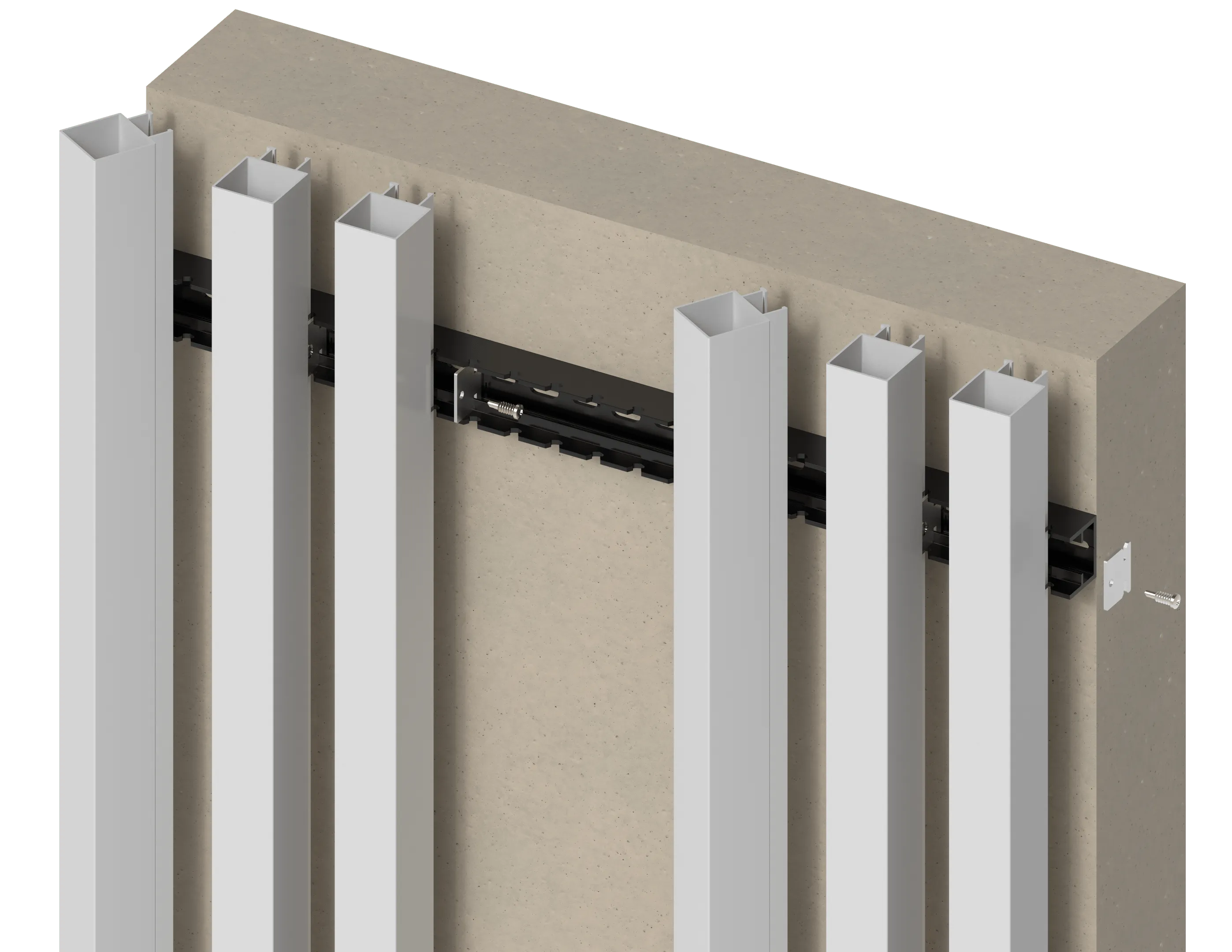 Monteringsbeslag til lodrette lameller på væg.